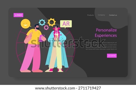 Colorful vector illustration shows two individuals discussing augmented reality technology features on a website interface. Bright elements and digital gears accentuate the modern theme.