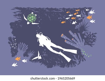 Colorful vector illustration of silhouette of doves, fish and turtle. Art in graphic style, stripped.