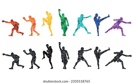 Colorful vector illustration silhouettes of boxers, thai boxers, kickboxers. Unity sports boxing, Thai boxing, kickboxing.