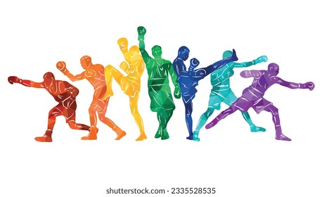 Colorful vector illustration silhouettes of boxers, thai boxers, kickboxers. Unity sports boxing, Thai boxing, kickboxing