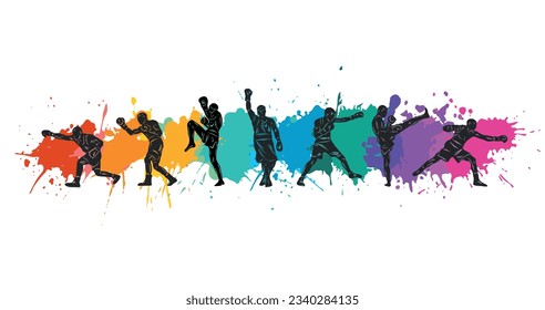 Colorful vector illustration silhouettes of boxers, thai boxers, kickboxers. Unity sports boxing, Thai boxing, kickboxing