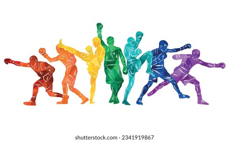 Colorful vector illustration silhouettes of boxers, thai boxers, kickboxers. Unity sports boxing, Thai boxing, kickboxing