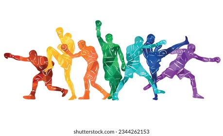 Colorful vector illustration silhouettes of boxers, thai boxers, kickboxers. Unity sports boxing, Thai boxing, kickboxing