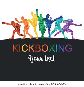 Silhouettes de ilustraciones vectoriales coloridas de boxeadores, boxeadores tailandeses, kickboxers. Boxeo deportivo de unidad, boxeo tailandés, kickboxing