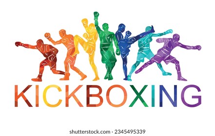 Colorful vector illustration silhouettes of boxers, thai boxers, kickboxers. Unity sports boxing, Thai boxing, kickboxing