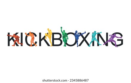 Colorful vector illustration silhouettes of boxers, thai boxers, kickboxers. Unity sports boxing, Thai boxing, kickboxing