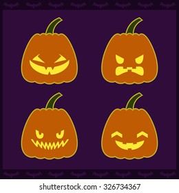 Colorful vector illustration with silhouettes of Halloween lanterns. Four type of lighting flat pumpkins with carved faces. Horror scary icon cartoon set for party invitation card design.