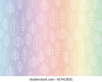 Colorful vector illustration with simple doodle leaves on rainbow background. Hand drawn style.