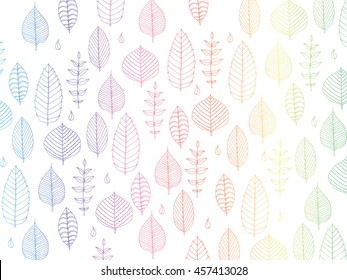 Colorful vector illustration with simple multicolor hand drawn doodle leaves on white background.