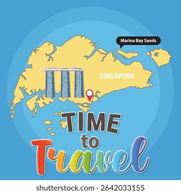 Colorful vector illustration of Singapore map highlighting Marina Bay Sands. Includes vibrant typography and geographic details