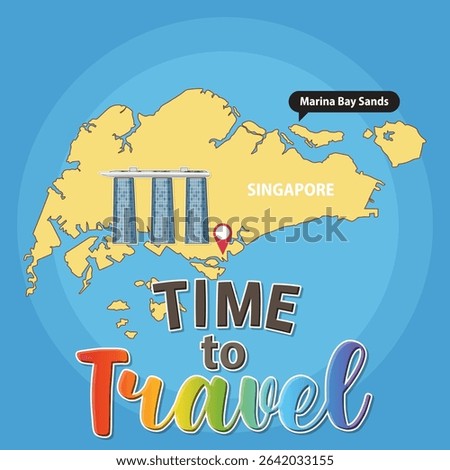 Colorful vector illustration of Singapore map highlighting Marina Bay Sands. Includes vibrant typography and geographic details