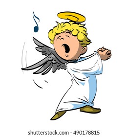 Colorful vector illustration of a singing angel with white robe.