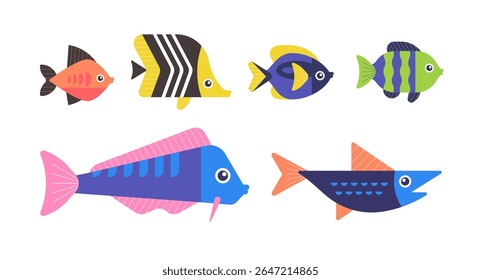 Colorful vector illustration of six tropical fish in a flat cartoon style. Isolated marine animals with unique shapes and vibrant patterns, perfect for ocean-themed designs and educational materials