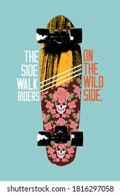 Colorful vector illustration of skateboard with text, texture and roses with skull.