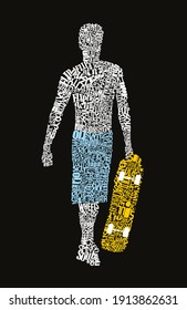 Colorful vector illustration of skateboarder silhouette formed by words related to skateboarding. Art for t-shirts, posters and etc ...