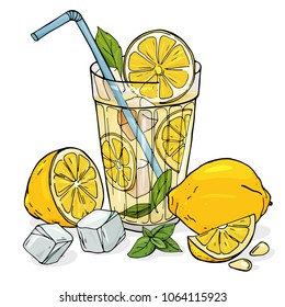 Colorful vector illustration in sketch style. Cool lemonade in a glass Cup with ice and mint. A whole lemon, half and slice with seeds.