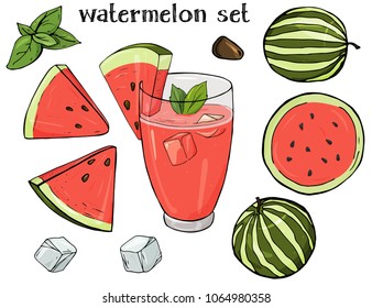 Colorful vector illustration in sketch style. Cool watermelon drink in a glass Cup with ice and mint. Set with watermelons and coctailes on a white background.