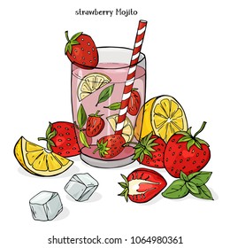 Colorful vector illustration in sketch style. Cool strawberry drink in a glass Cup with ice and mint. White background.