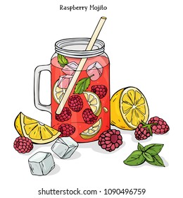 Colorful vector illustration in sketch style. Cool raspberry drink in a glass Cup with ice, mint and lemon. White background.