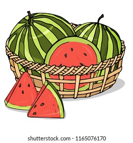 Colorful vector illustration in sketch style. Juicy ripe watermelons whole and sliced in a basket on a white background.
