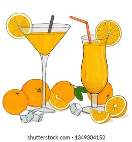 Colorful vector illustration in sketch style. Soft orange drinks in glasses with ice and straw. Oranges and cocktails on white background.