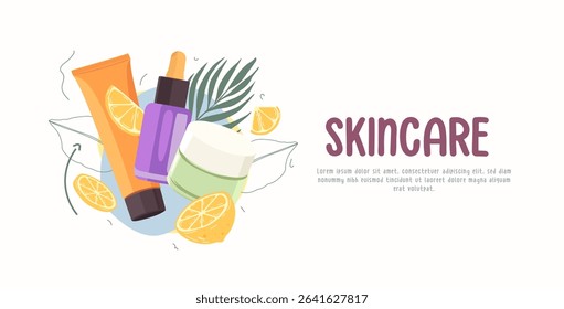 Colorful vector illustration of skincare products including serum, cream, and facial cleanser with citrus fruits and leaves. Flat design ideal for beauty ads, organic cosmetics, and skincare branding