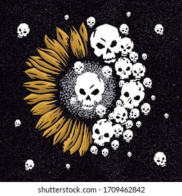 Colorful vector illustration of skull in cartoon style with flower petals.