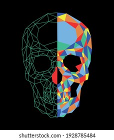 Colorful vector illustration of skull formed by geometric shapes and structural lines.