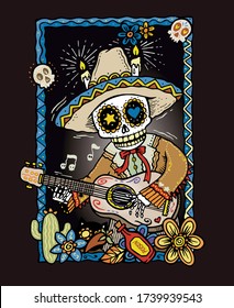 Colorful vector illustration of skull in Mexican folk style playing guitar.