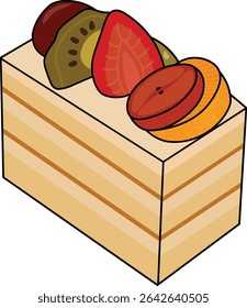 Una colorida Ilustración vectorial de una rebanada de dulce y cremoso bizcocho de vainilla en capas cubierto con una variedad de frutas vibrantes que incluyen fresa, kiwi, uva y naranja.
