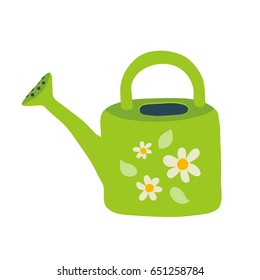 Colorful vector illustration of small green hand watering can decorated with white flowers. Isolated on white background.