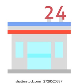 Ilustração vetorial colorida de um pequeno mini mercado com vitrine, prateleiras e itens de supermercado, representando compras de varejo locais e conveniência cotidiana
