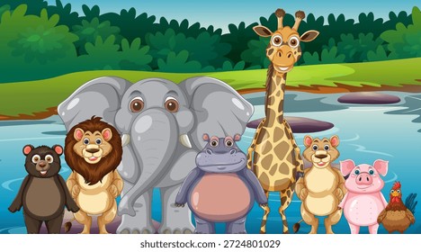 Ilustração vetorial colorida de animais sorridentes parados juntos perto de um rio em floresta exuberante