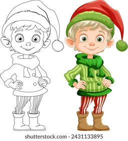 Colorful vector illustration of a smiling Christmas elf.