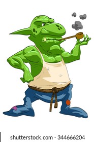 Colorful vector illustration of a smoking pipe goblin or troll.