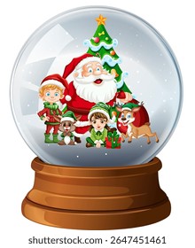 Colorful vector illustration of a snow globe containing Santa, elves, reindeer, and a Christmas tree. Bright, cheerful holiday theme