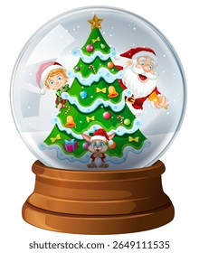 Colorful vector illustration of a snow globe containing Santa, an elf, and a decorated Christmas tree