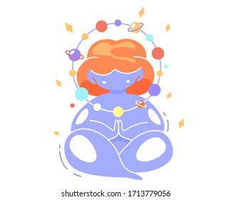 Colorful vector illustration space girl sitting in lotus position and meditating. World Yoga Day. Yoga exercises, body positive, taking care of physical and mental health, self-love, self-improvement.