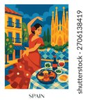 Colorful vector illustration of Spain featuring a flamenco dancer in a vibrant red dress, the iconic Sagrada Família in Barcelona, Mediterranean food like paella and olives, and warm Spanish streets. 