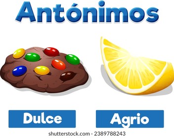 Colorful vector illustration of Spanish antonym word card means sweet and sour