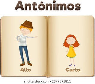 Colorful vector illustration of Spanish antonyms, Alto and Corto means tall and short