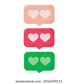 A colorful vector illustration of speech bubbles with double heart icons in pink, red, and green colors, representing love, communication, and social interaction.