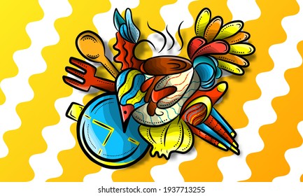 Ilustración vectorial colorida de cuchara, tenedor, cronómetro, cebolla, pescado, café, palmas y otras formas decorativas