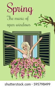 Colorful vector illustration of spring lowers and young beautiful woman with braided hair, smiling in an open window to the bird singing on the branch