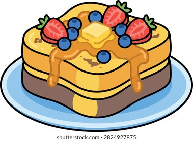 A colorful vector illustration of a stack of French toast topped with fresh strawberries, blueberries, butter, and dripping syrup on a blue plate.