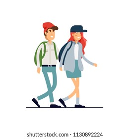 Colorful vector illustration standing happy romantic couple walking together. Flat cartoon hipster characters isolated on white background