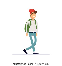 Colorful vector illustration standing happy young man wearing shirt and denim pants. Flat cartoon hipster character isolated on white background