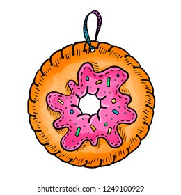 Colorful vector illustration of stitched soft toy donut. Hand drawn decorative design illustration of donut. Perfect for invitations, greeting cards, posters, prints. Sketch Christmas tree toys.