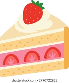 Colorful vector illustration of strawberry shortcake slice isolated on a white background for bakery, cafe, menu, and food design projects.