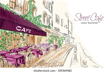 Colorful vector illustration of street cafe in modern city in purple, green and beige colors